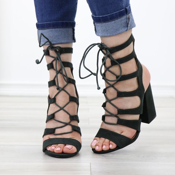 Olive Open Toe Chunky Block Heel Open Toe Sandal Gladiator Laced-Up Style Shoes - Picture 8 of 11